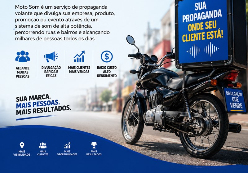 Moto Som circulando em rua comercial com propaganda